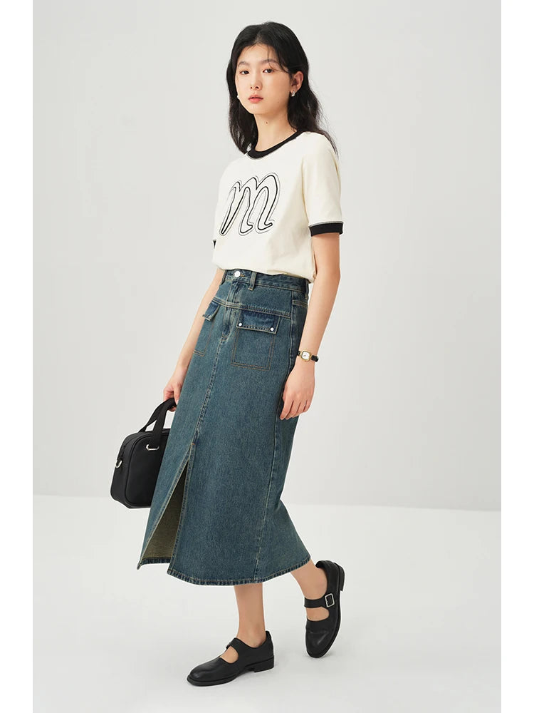 Washed Denim Straight Slit Skirt