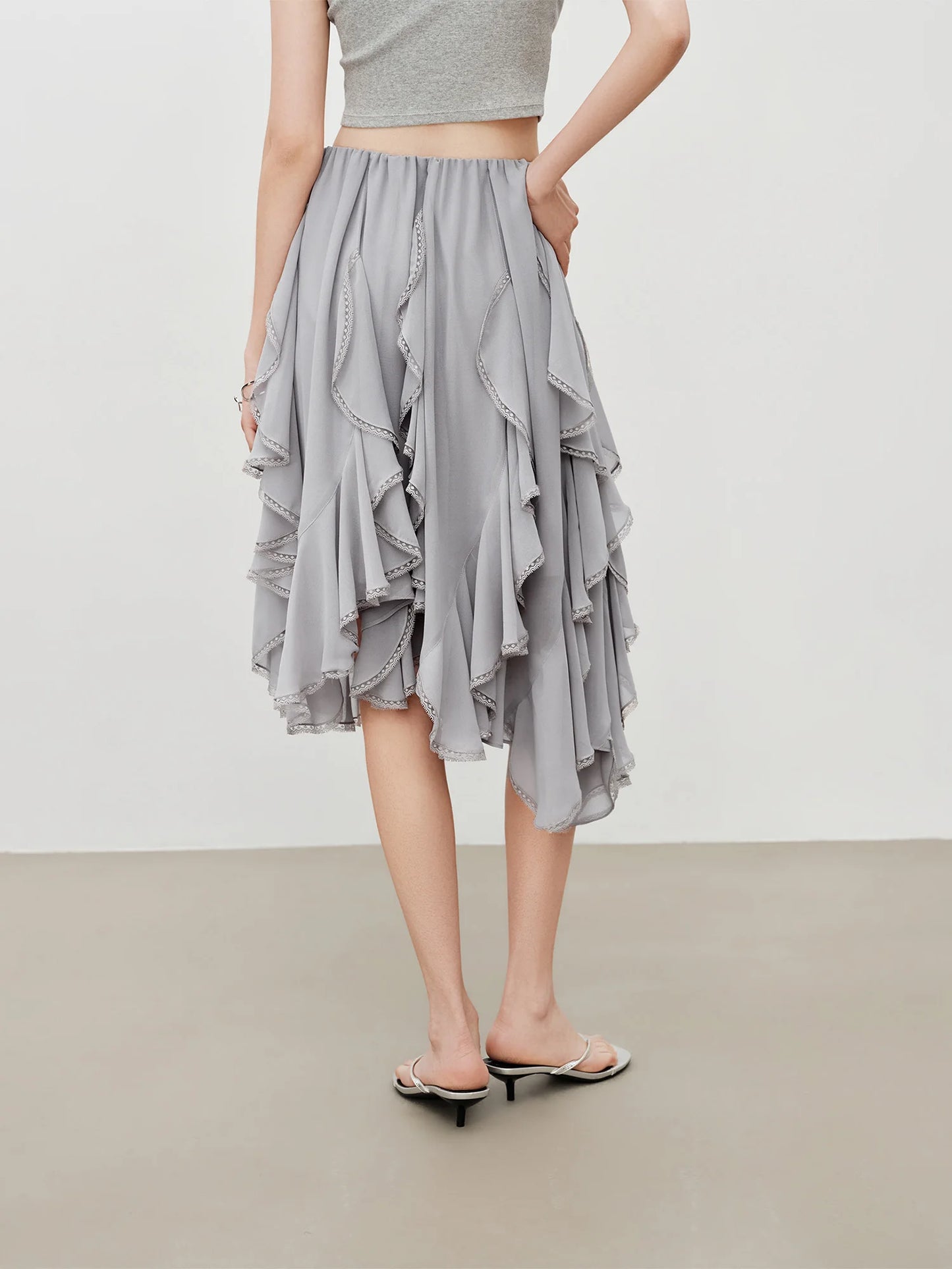 Ruffle Hem Chiffon Midi Skirt