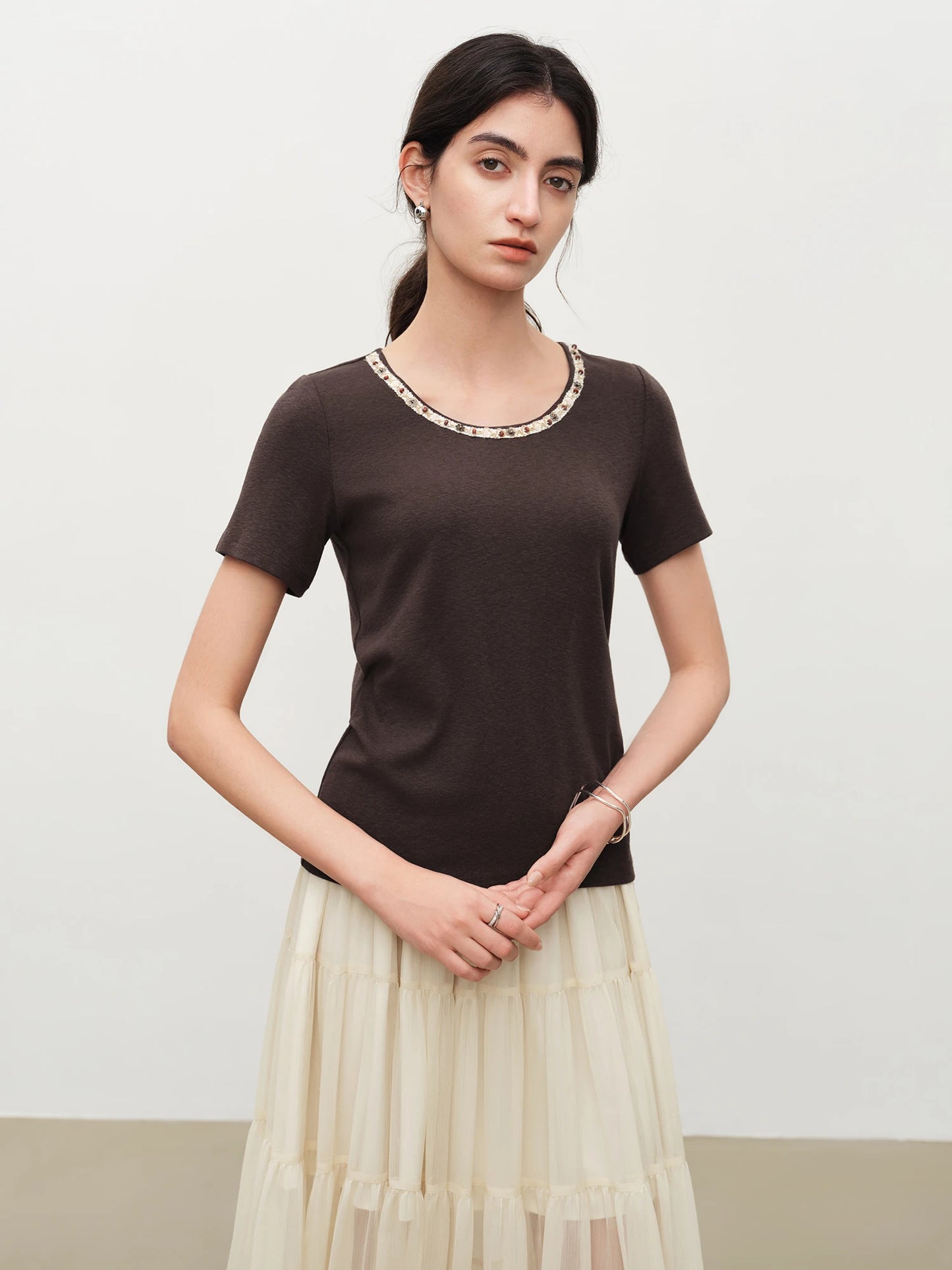 Beige Beaded Neckline Tee
