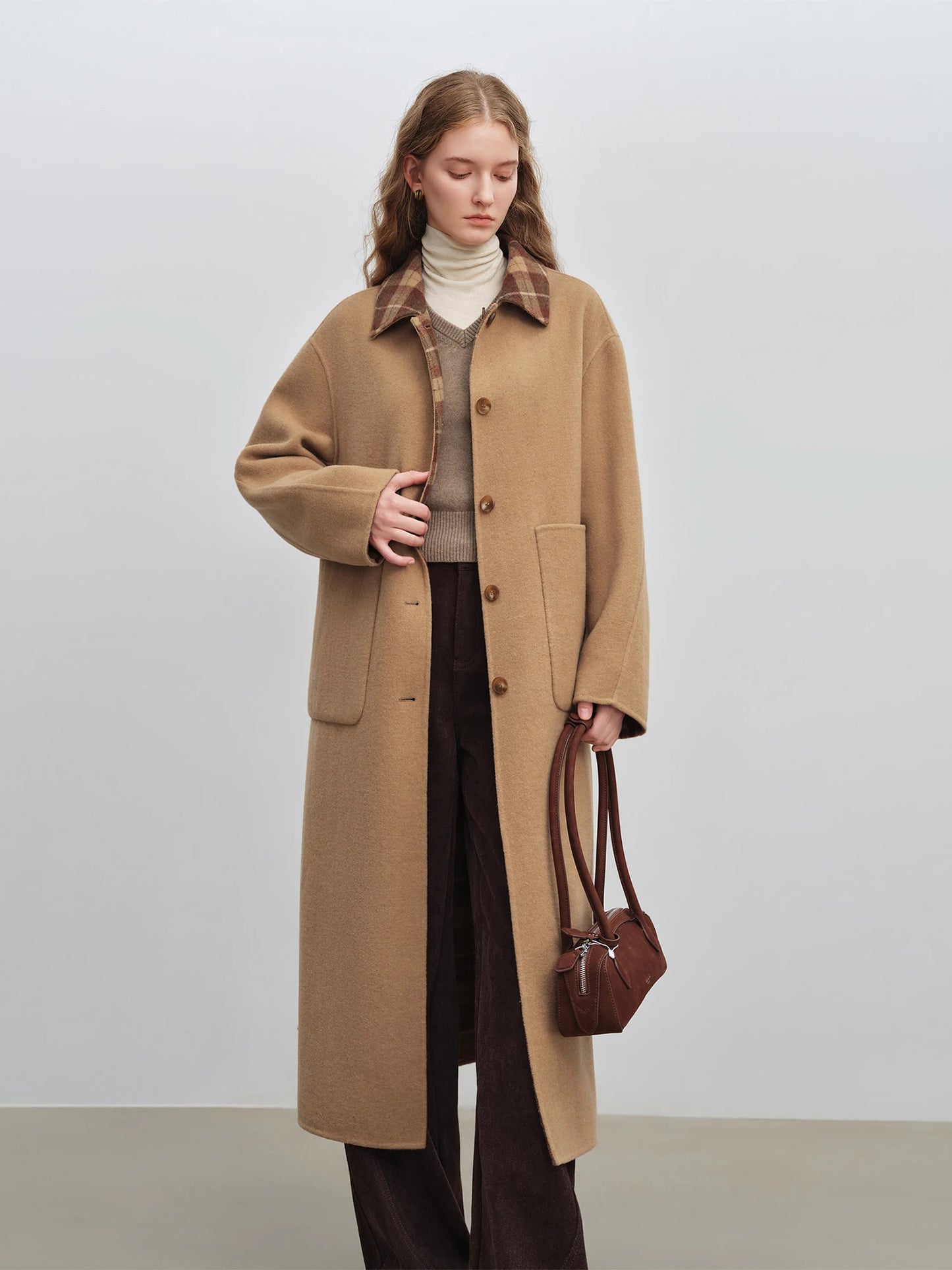 Camel Plaid Collar Wool Coat