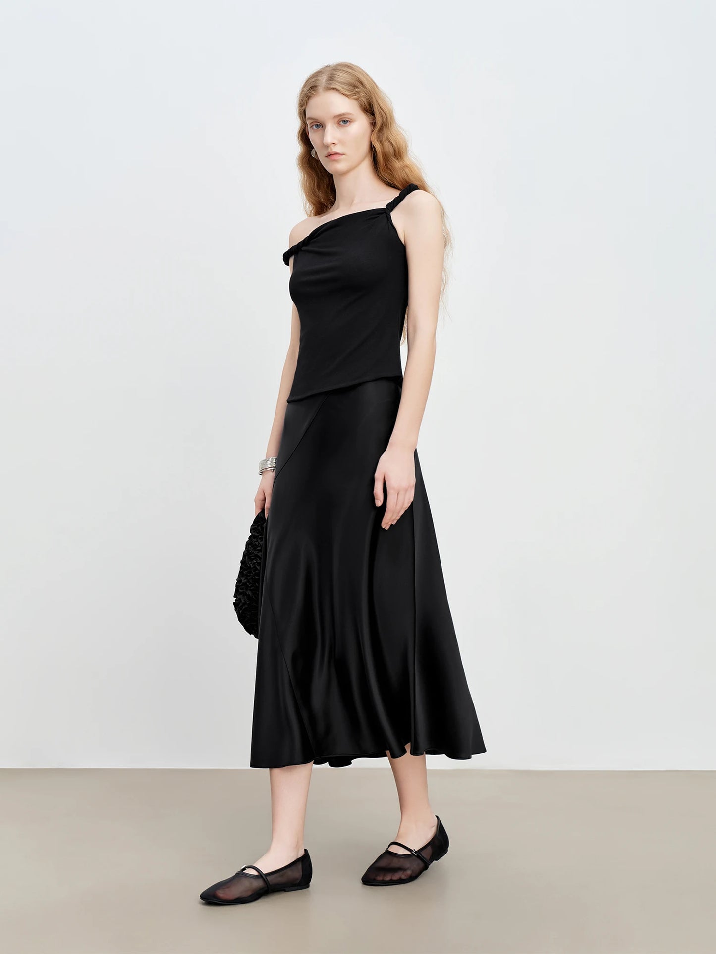 Satin Asymmetric A-Line Midi Skirt