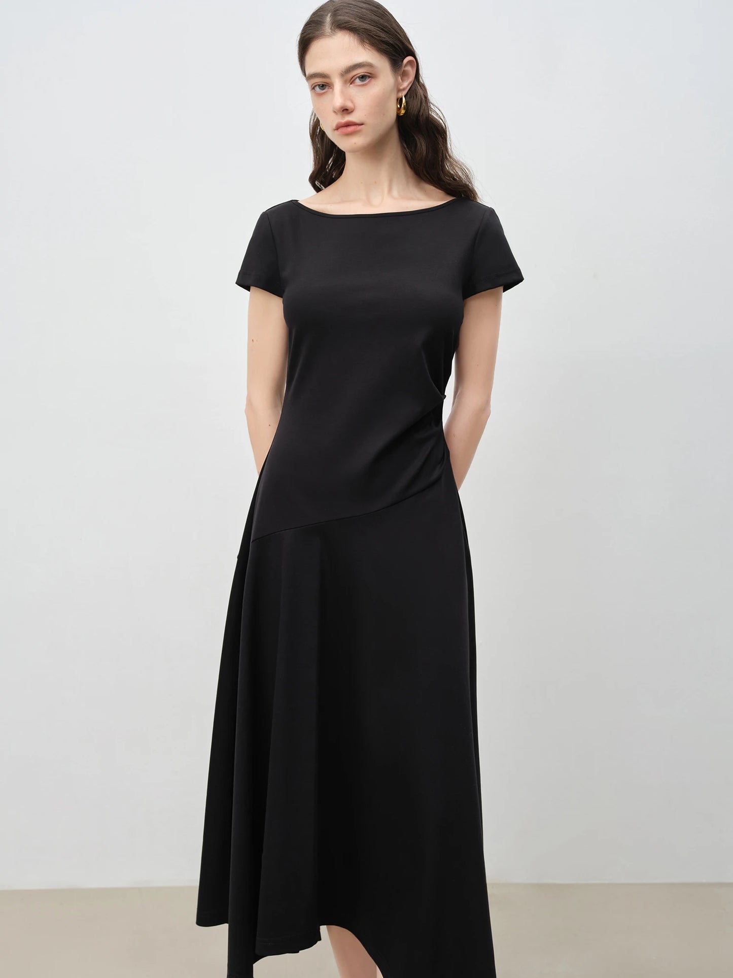 Black Asymmetric Draped Midi Dress
