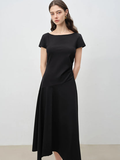 Black Asymmetric Draped Midi Dress