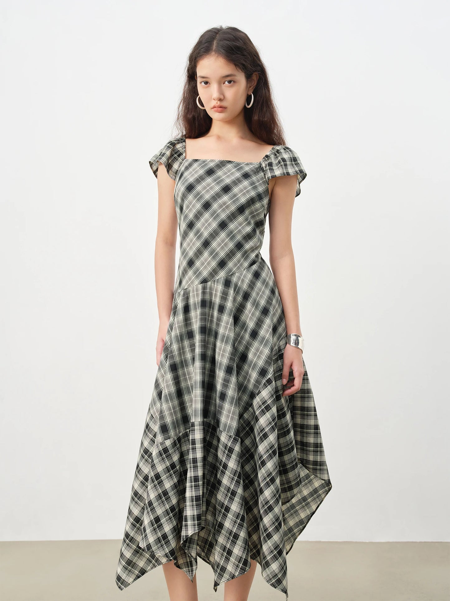 Plaid Asymmetric Midi Dress