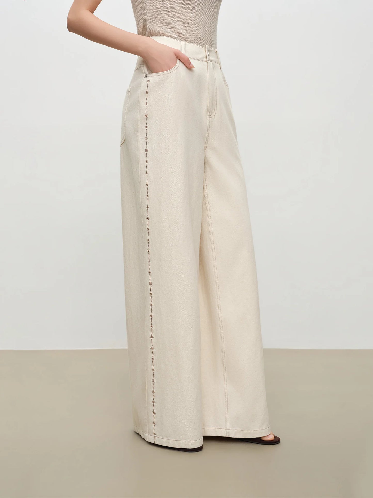 Ivory Embroidered Wide Leg Jeans