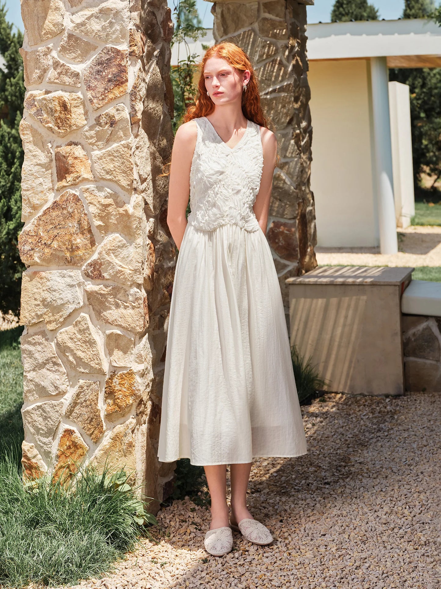 Ivory Embroidered V-Neck Midi Dress