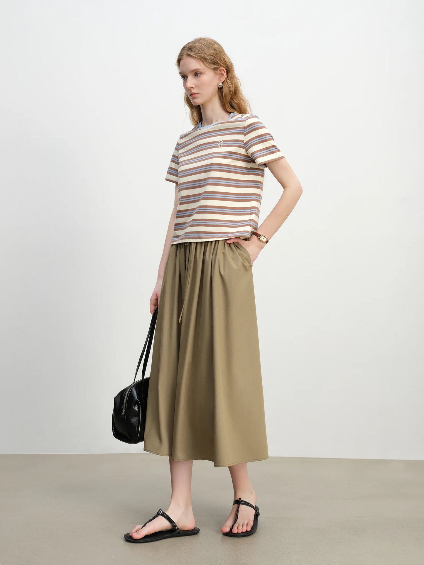 Taupe Drawstring A-Line Midi Skirt