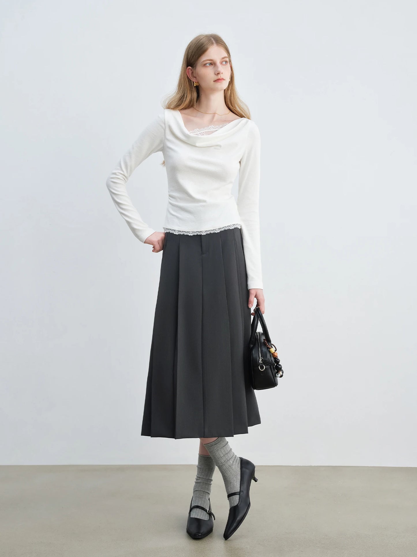 Charcoal Pleated A-Line Midi Skirt
