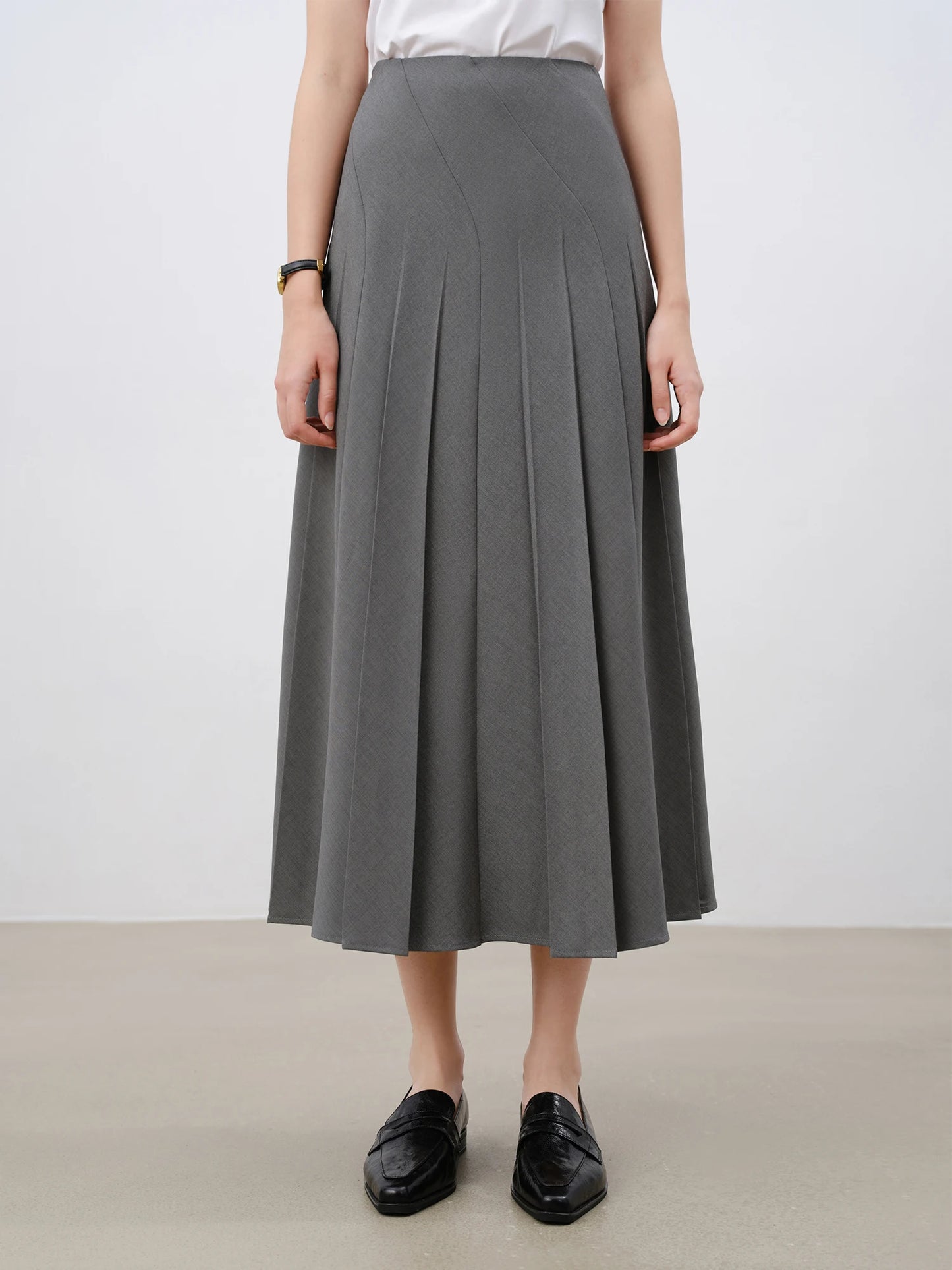 Grey Twill Pleated A-Line Skirt
