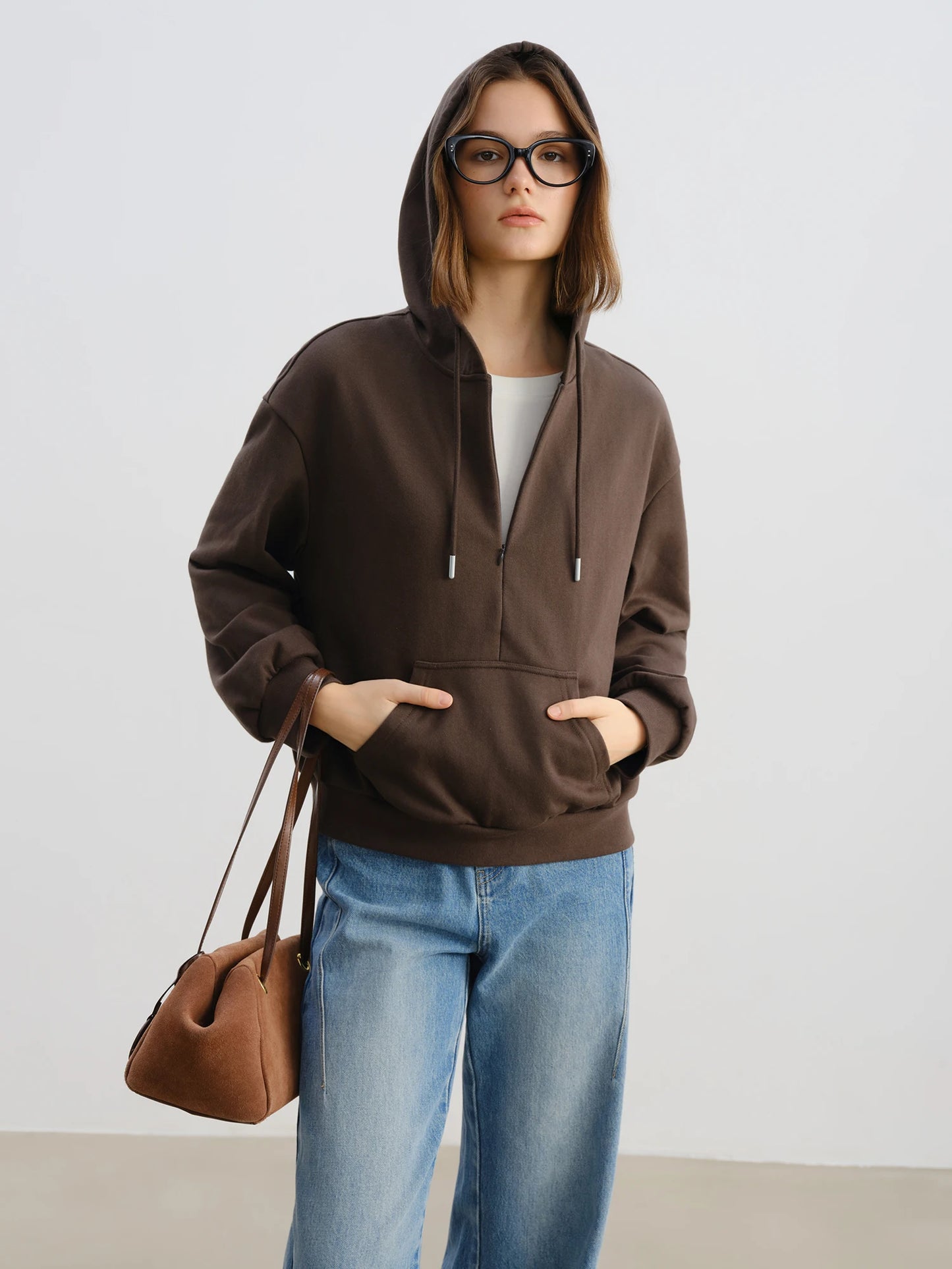 Brown Layered Collar Hooded Sweatshirt