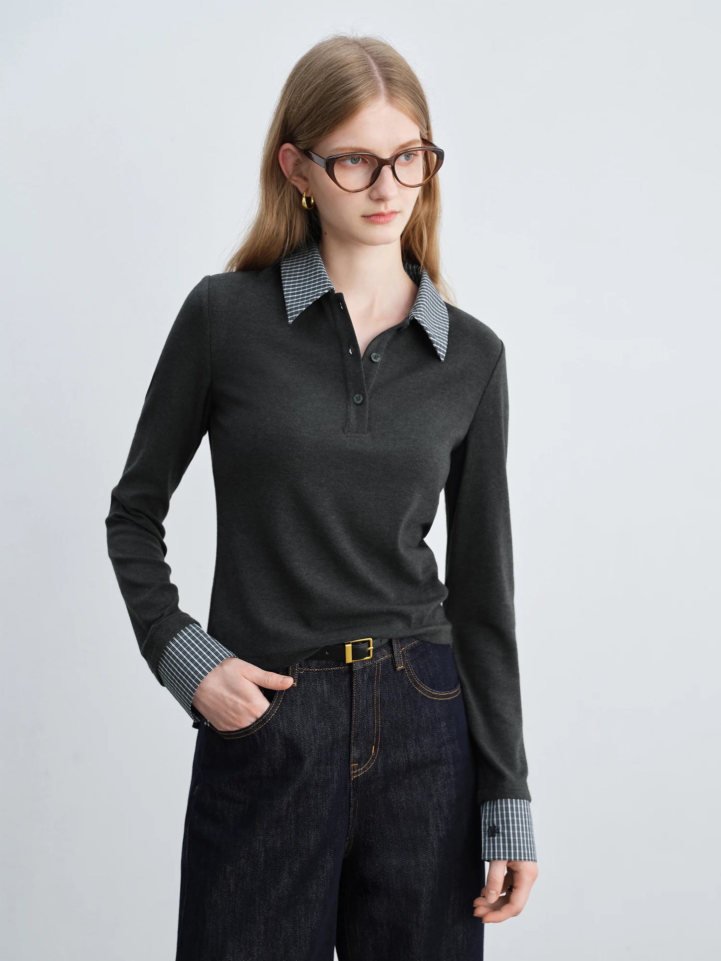 Charcoal Plaid Collar Long Sleeve Top