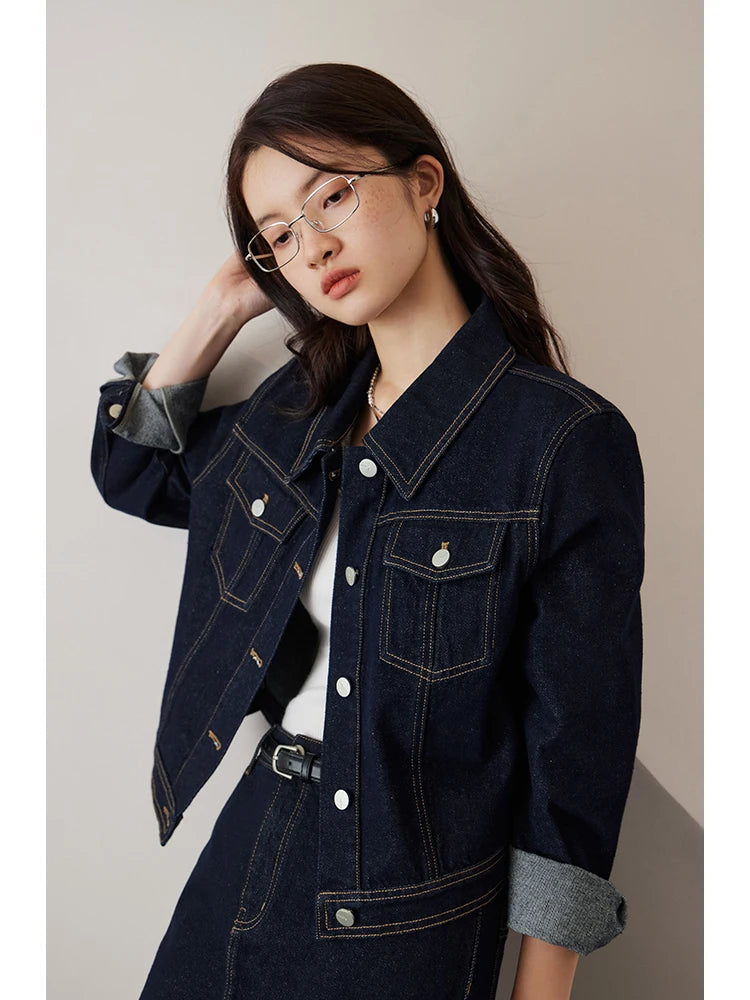 Dark Blue Cropped Denim Jacket
