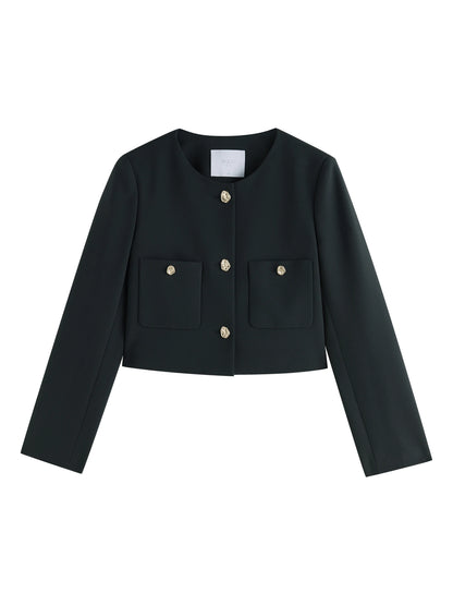 Black Collarless Jacket Skirt Set