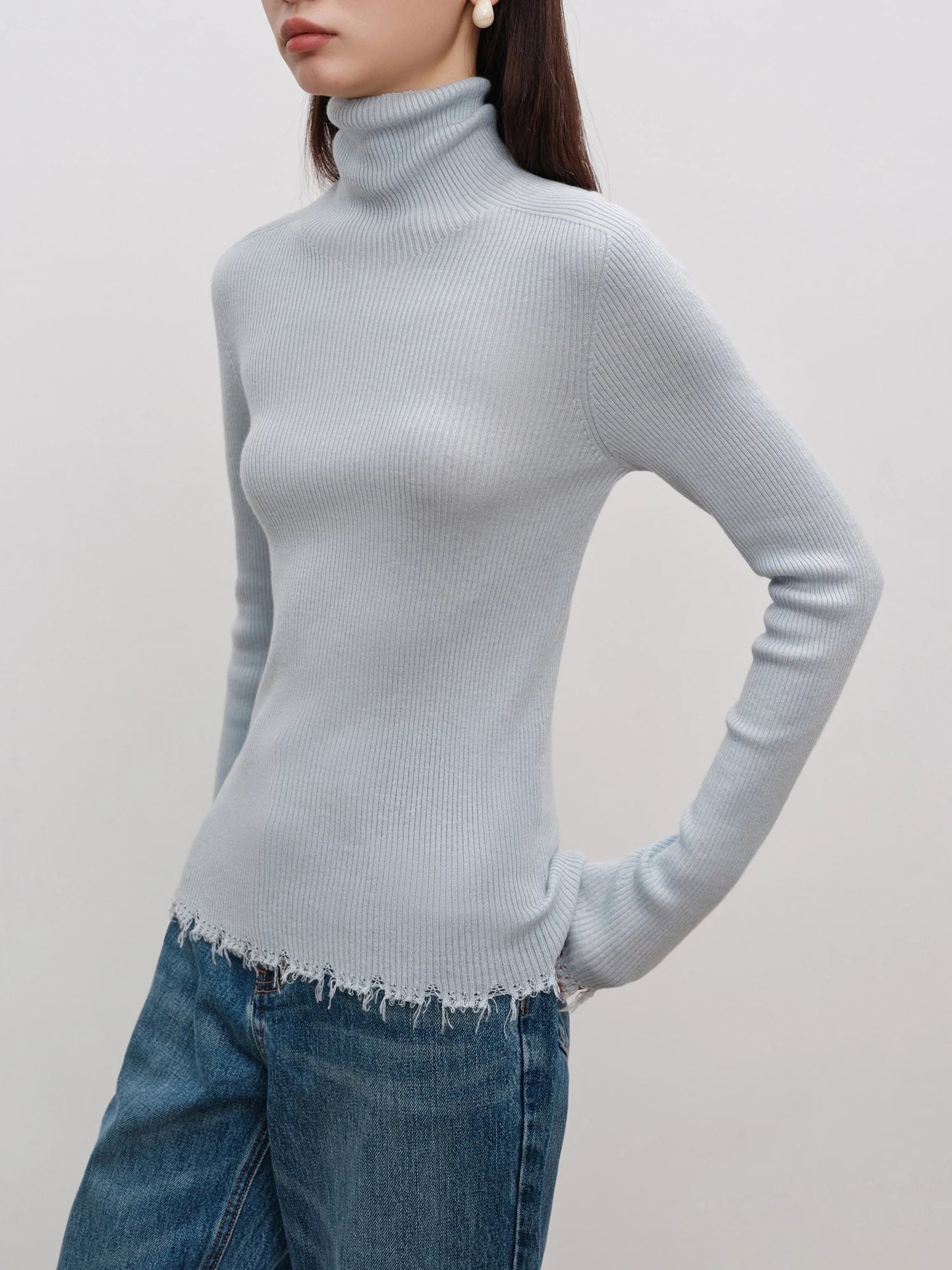 Ribbed Mock Neck Fringe Sweater