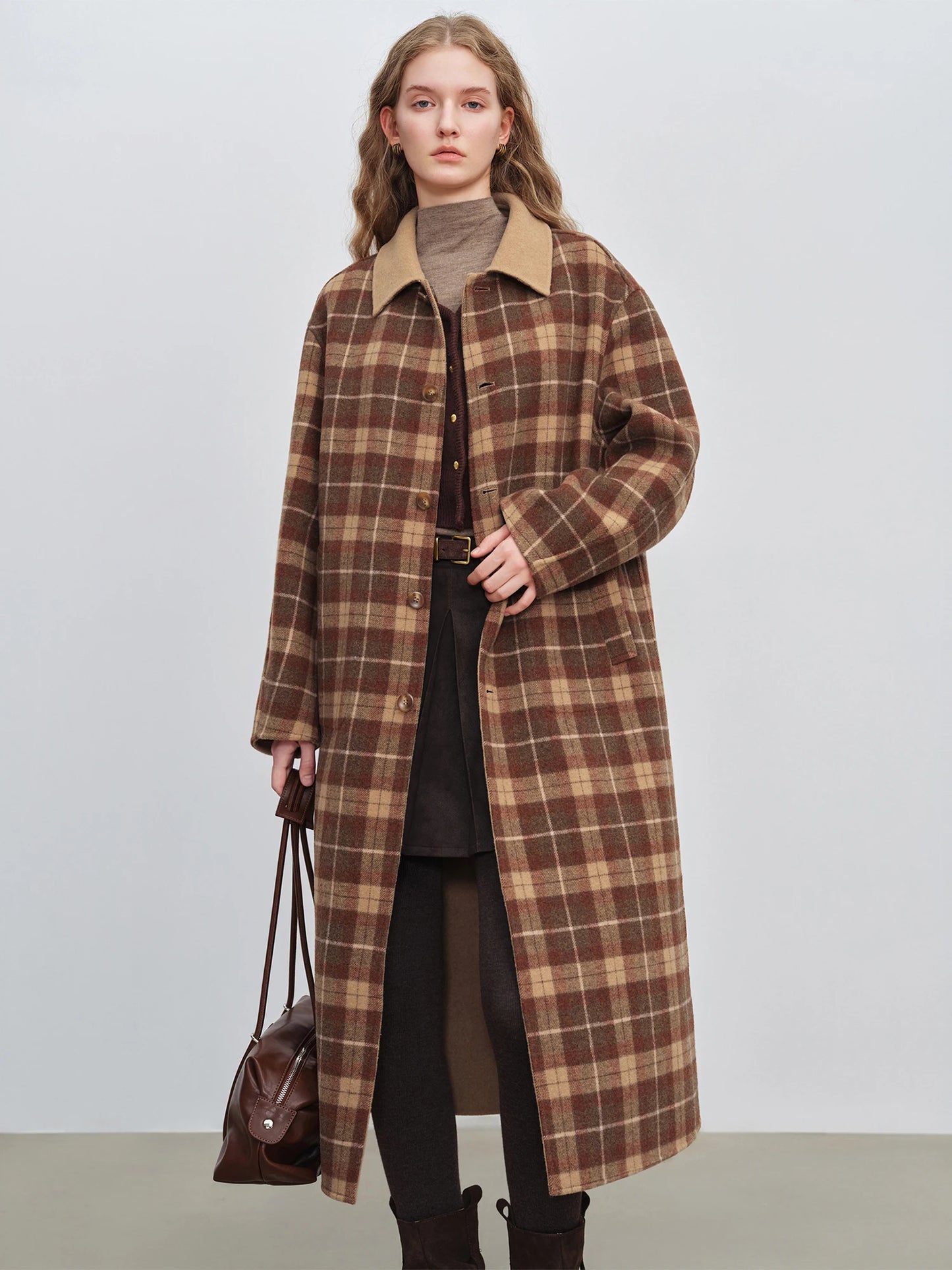 Camel Plaid Collar Wool Coat