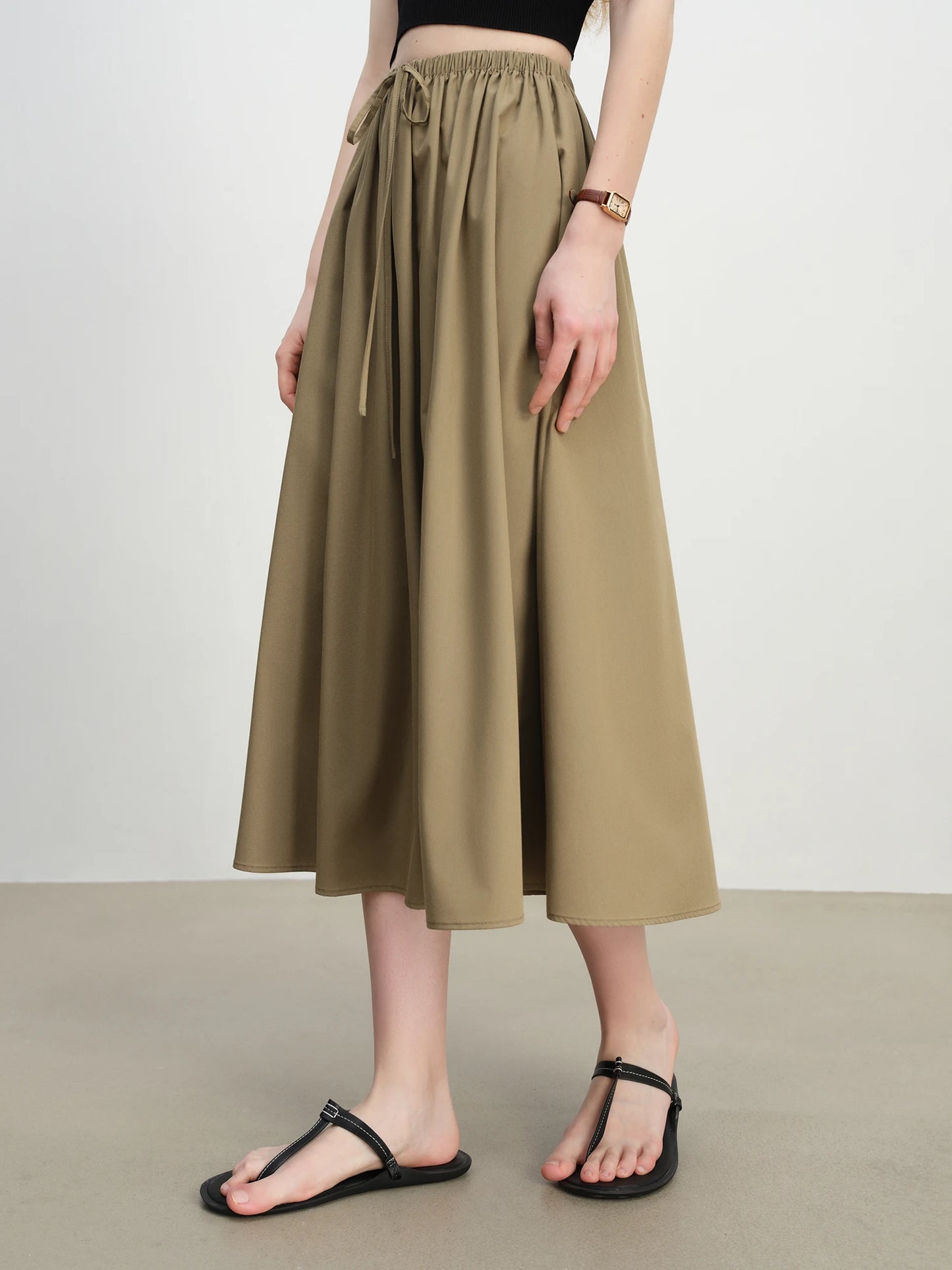 Taupe Drawstring A-Line Midi Skirt