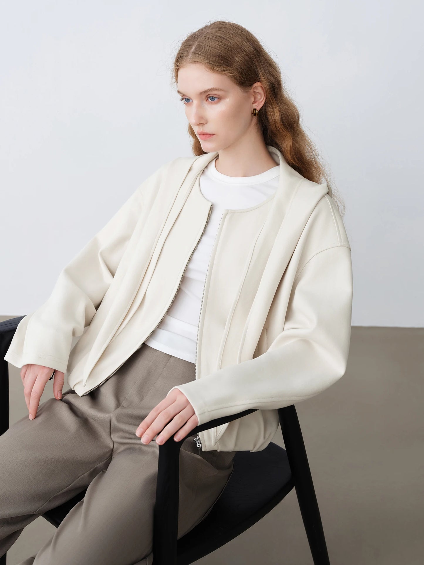 Ivory Shawl Collar Zip Jacket