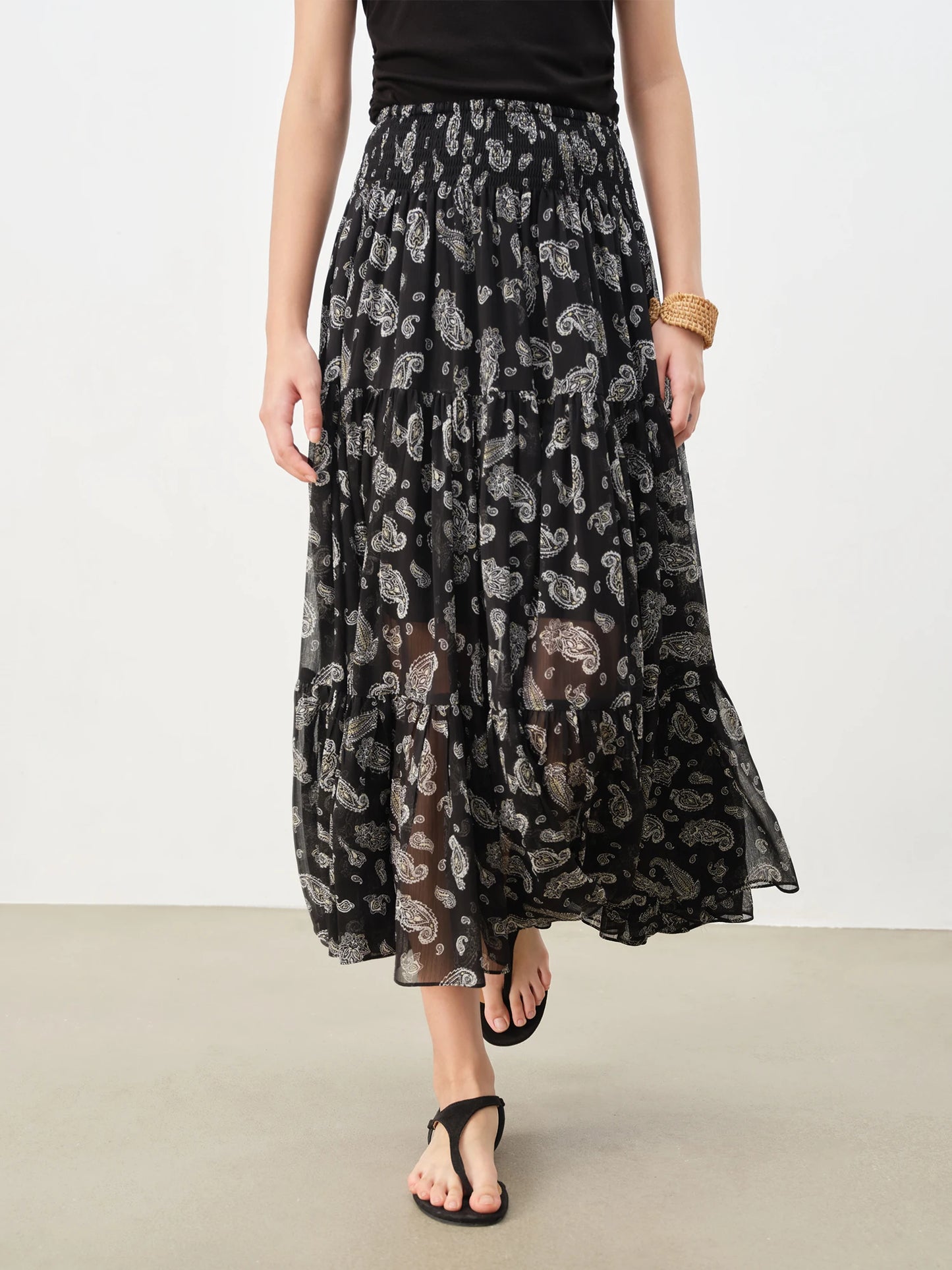 Paisley Chiffon Tiered Midi Skirt