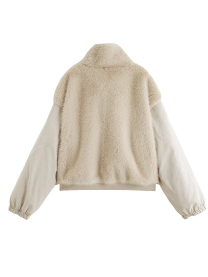 Ivory Fur Collar Bomber Jacket