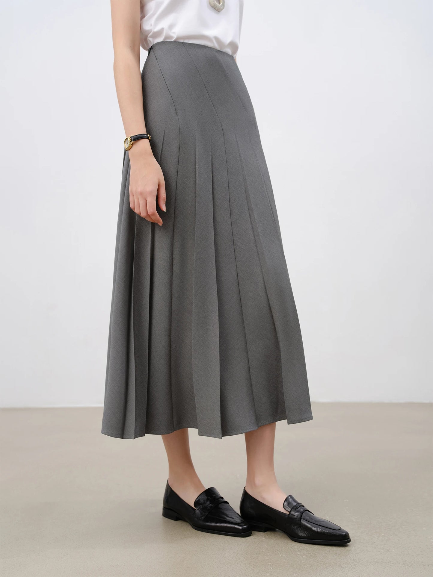Grey Twill Pleated A-Line Skirt