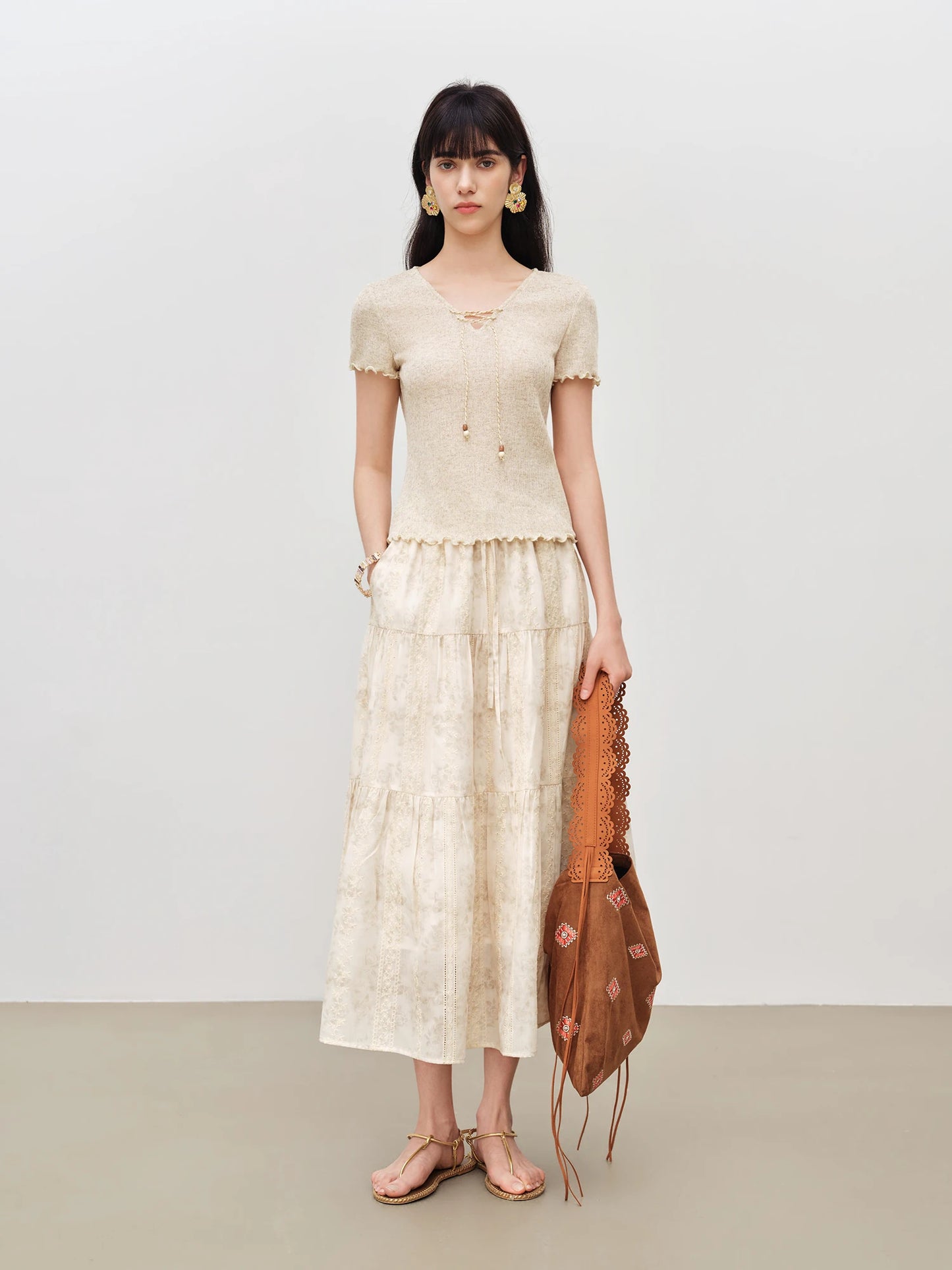 Cream Embroidered Tiered Midi Skirt