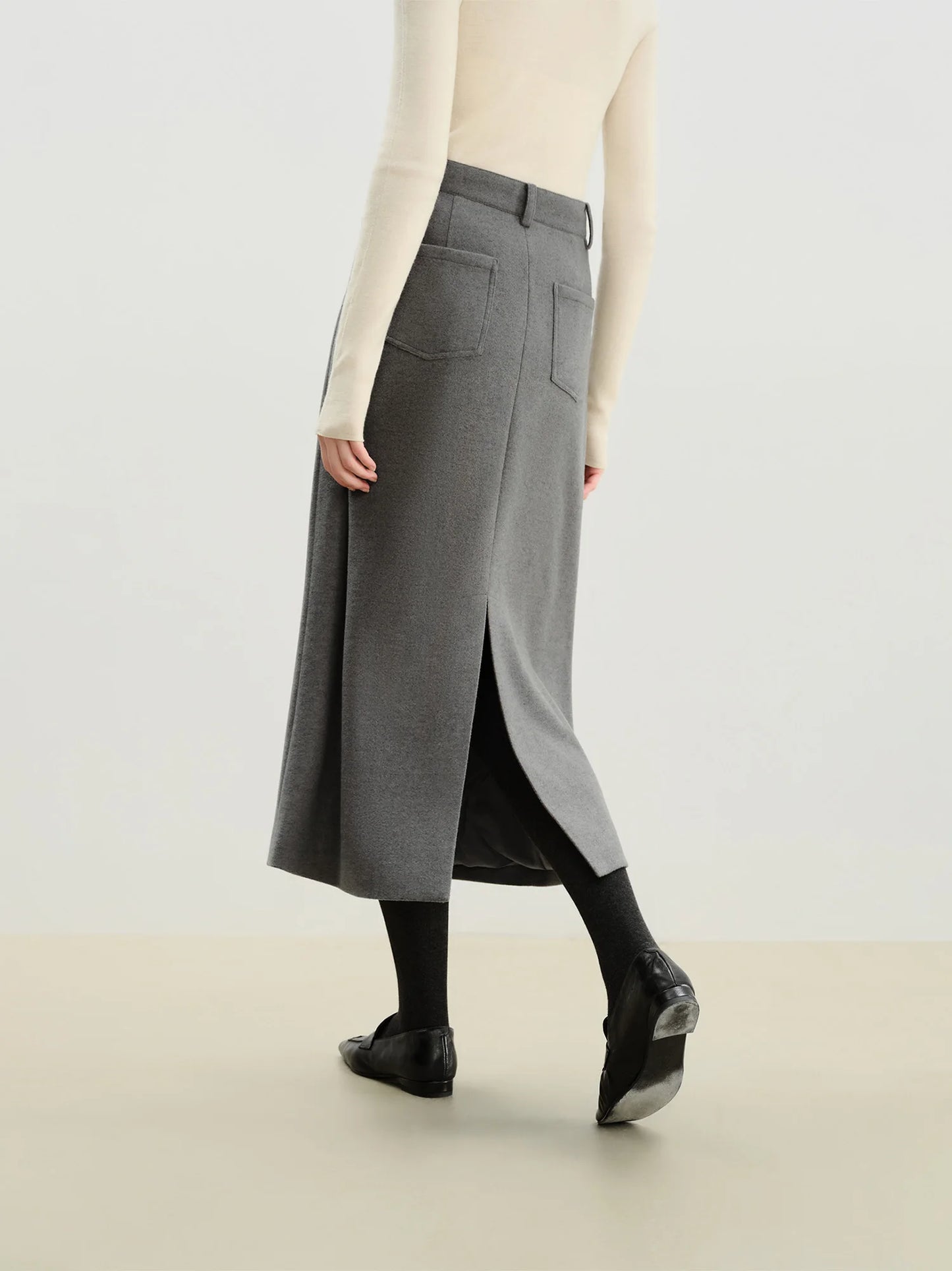 Charcoal Wool Drawstring Midi Skirt