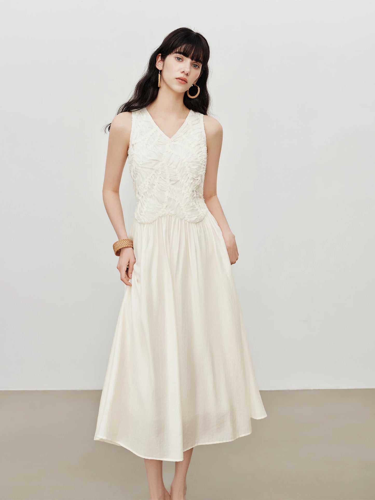 Ivory Embroidered V-Neck Midi Dress