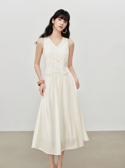 Ivory Embroidered V-Neck Midi Dress