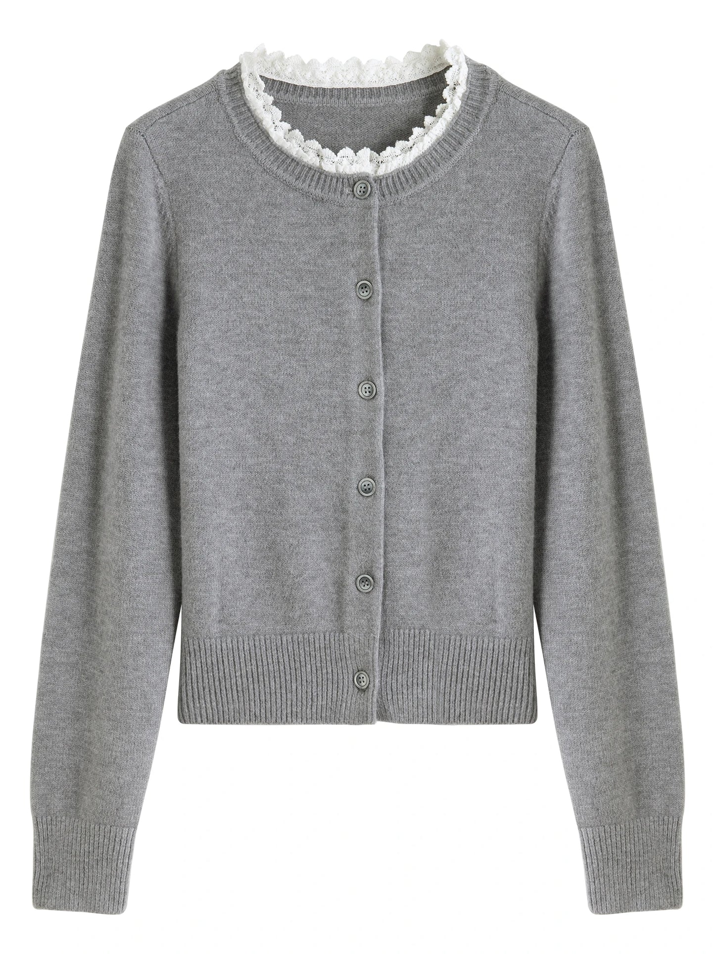 Grey Lace Trim Knit Cardigan