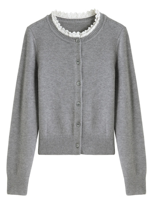 Grey Lace Trim Knit Cardigan