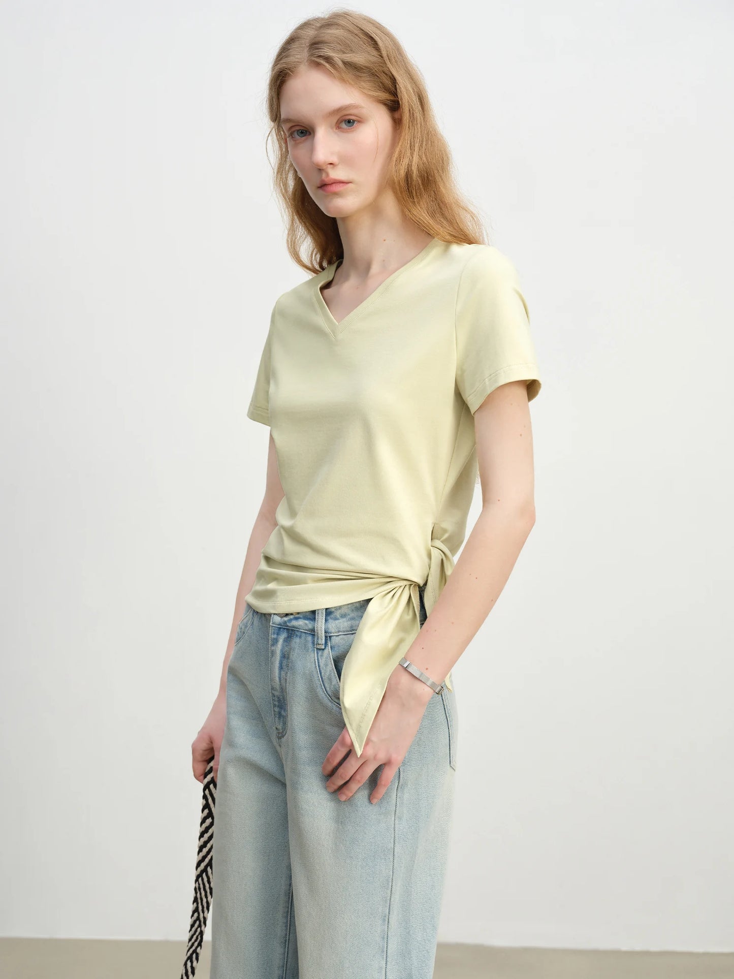 Ivory Side Tie V-Neck Tee