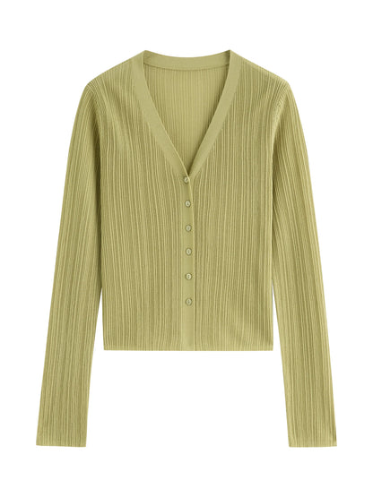 Olive Ribbed V-Neck Knit Cardigan