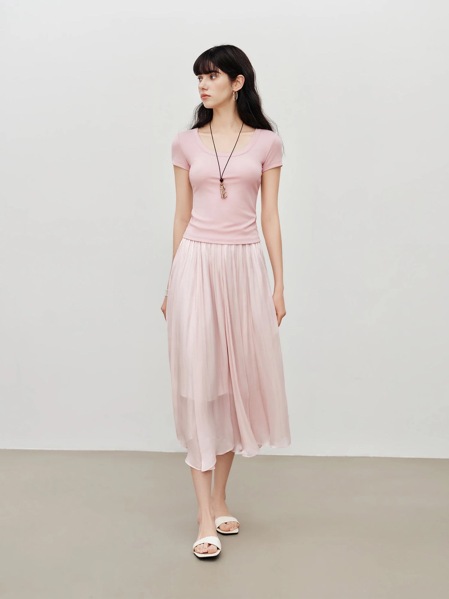Pale Pink Satin Maxi Skirt