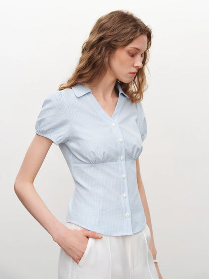 Pale Blue Puff Sleeve Button Shirt