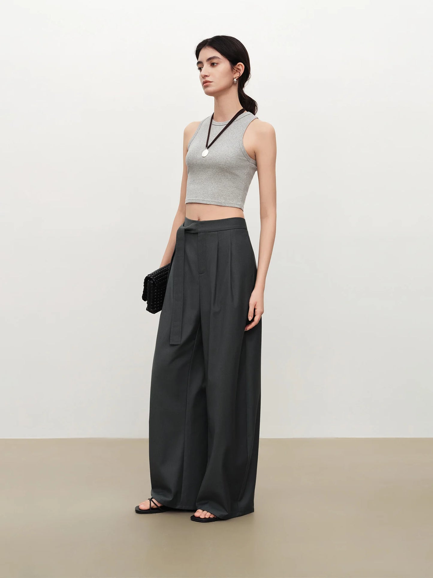 Charcoal Belted Wide Leg Trousers