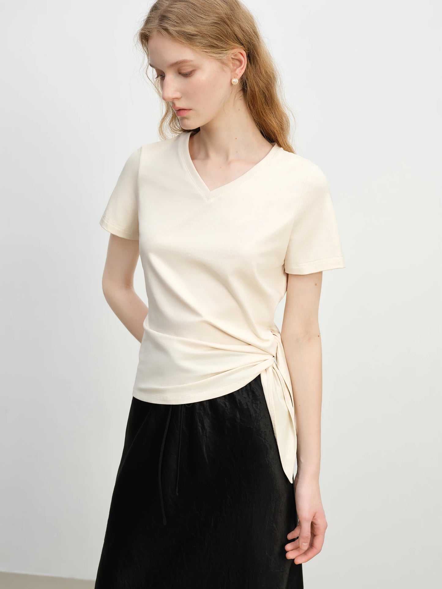Ivory Side Tie V-Neck Tee