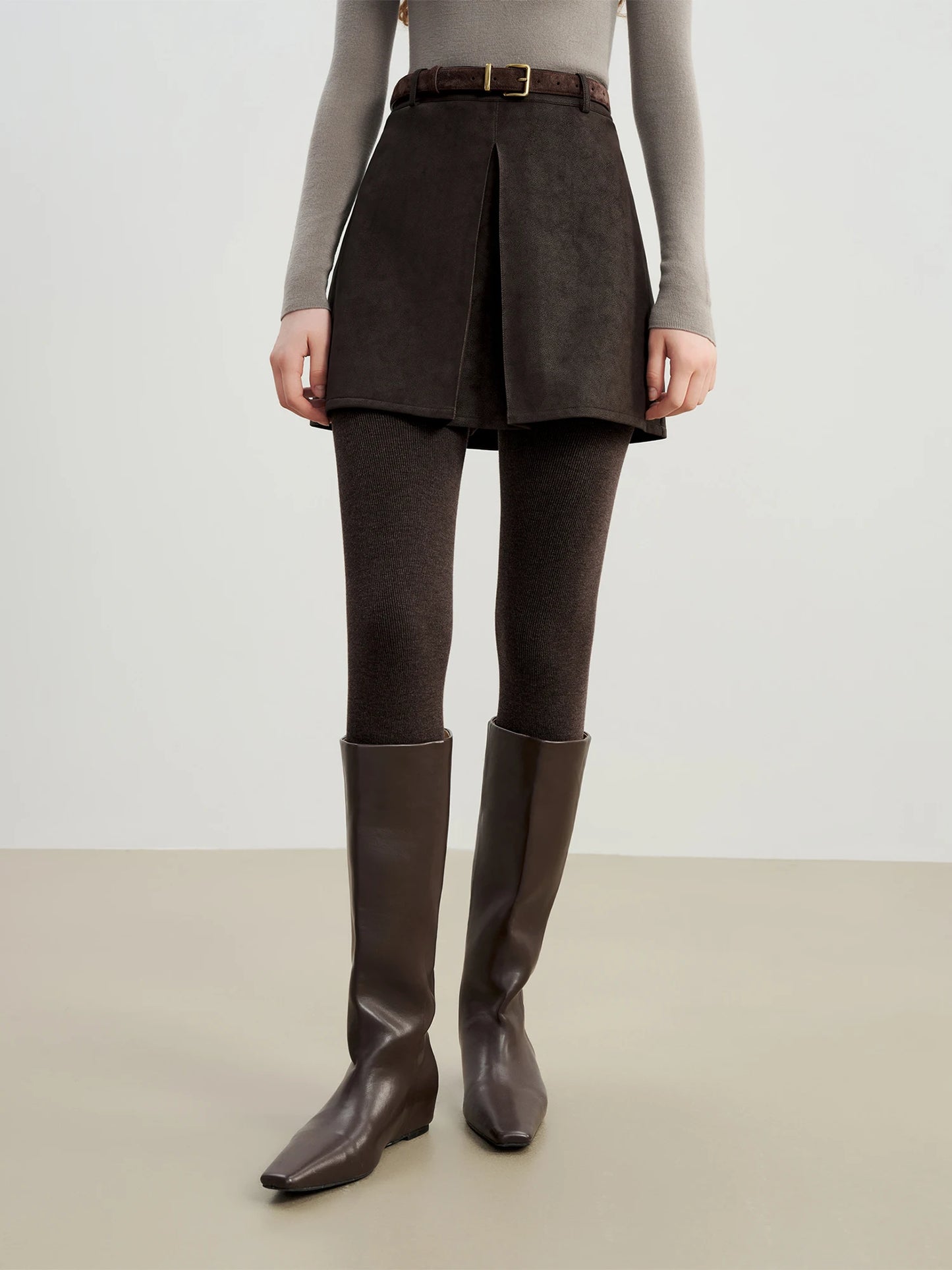 Brown Faux Leather Slit Skirt