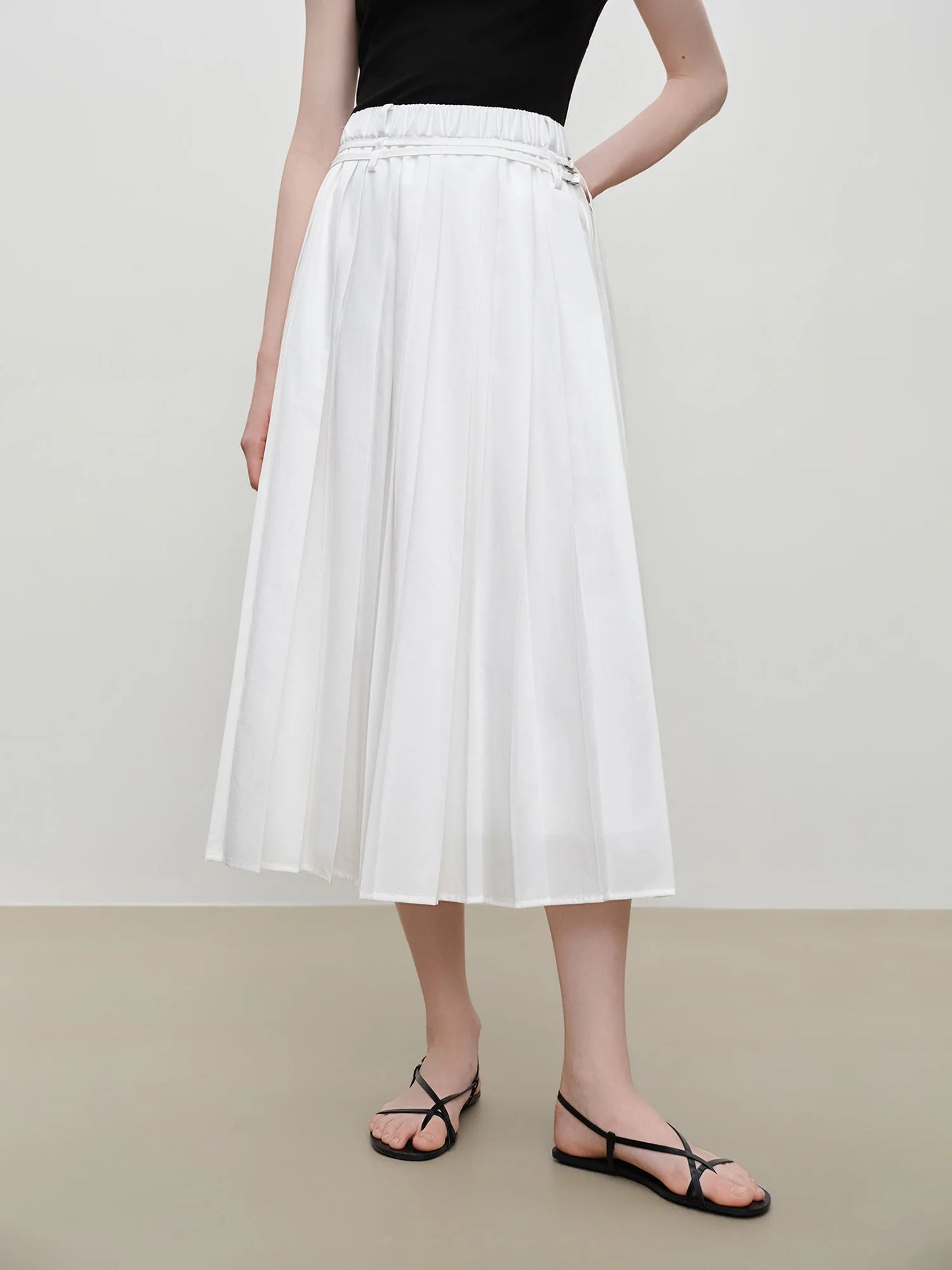 White Double Belt Pleated Midi Skirt