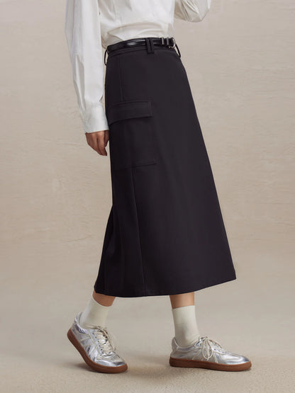 Black Cargo A-Line Midi Skirt