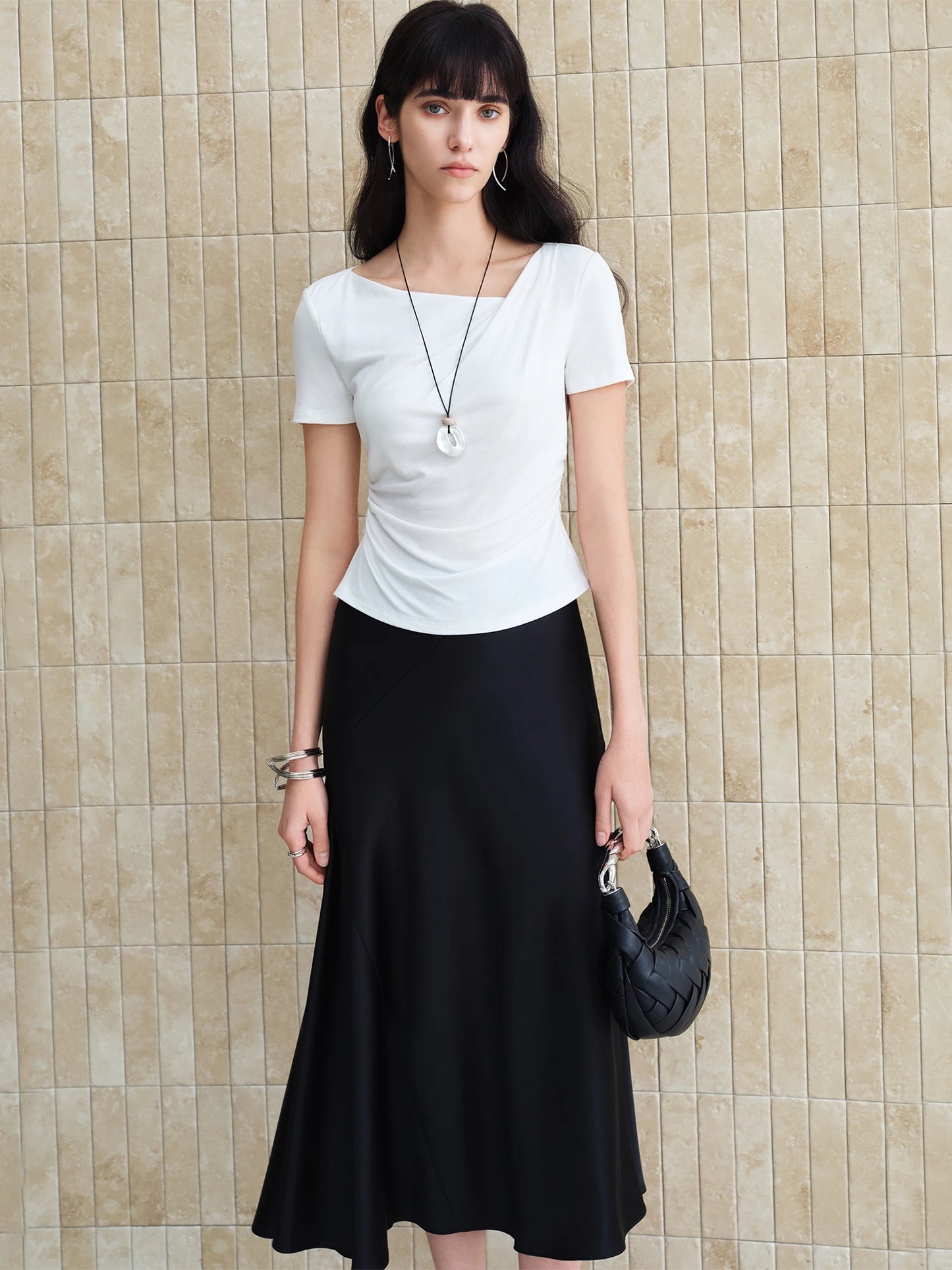 Satin Asymmetric A-Line Midi Skirt