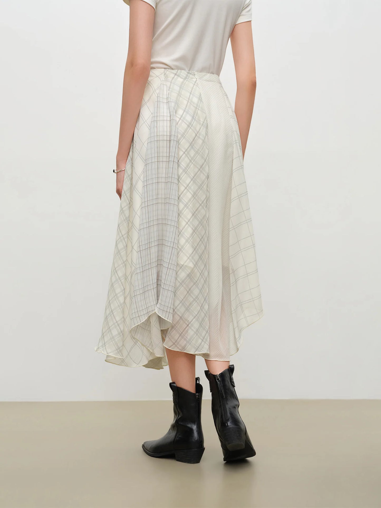 Plaid Chiffon Panel Maxi Skirt