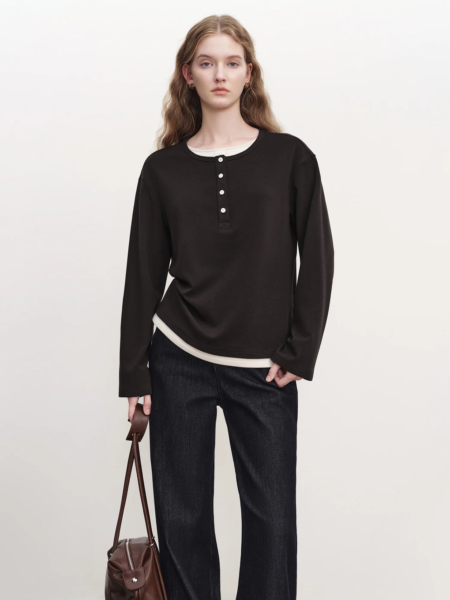 Black Layered Henley Long Sleeve Top