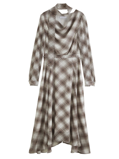 Plaid Ruffle Neck Midi Dress