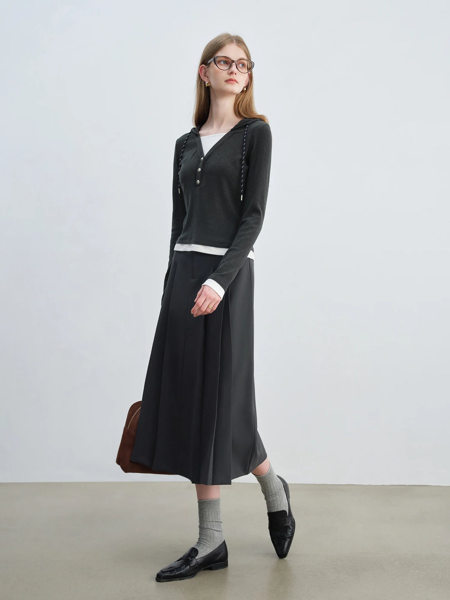 Charcoal Pleated A-Line Midi Skirt