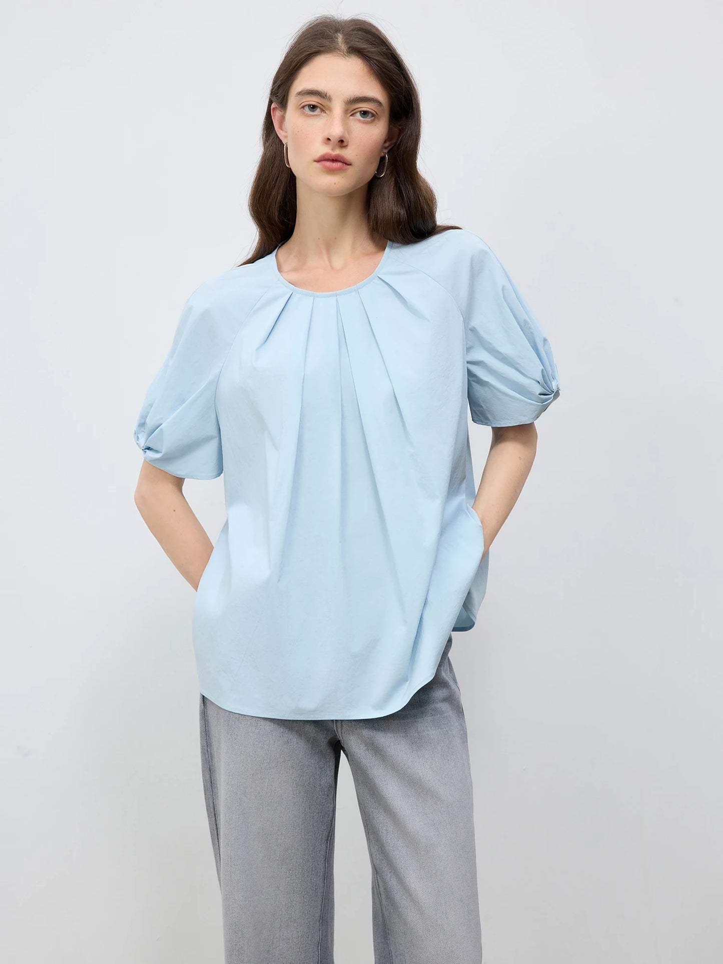 Blue Pleated Puff Sleeve Blouse