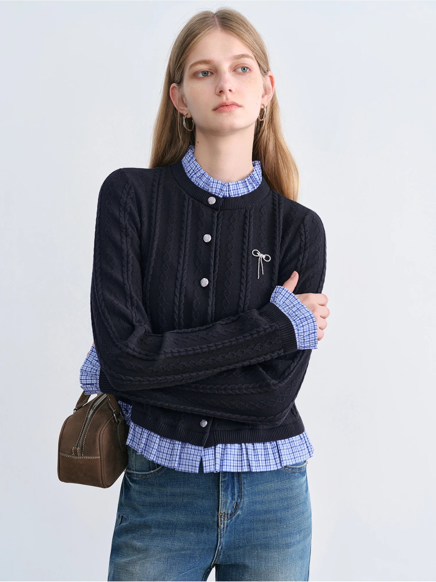 Navy Plaid Collar Knit Cardigan