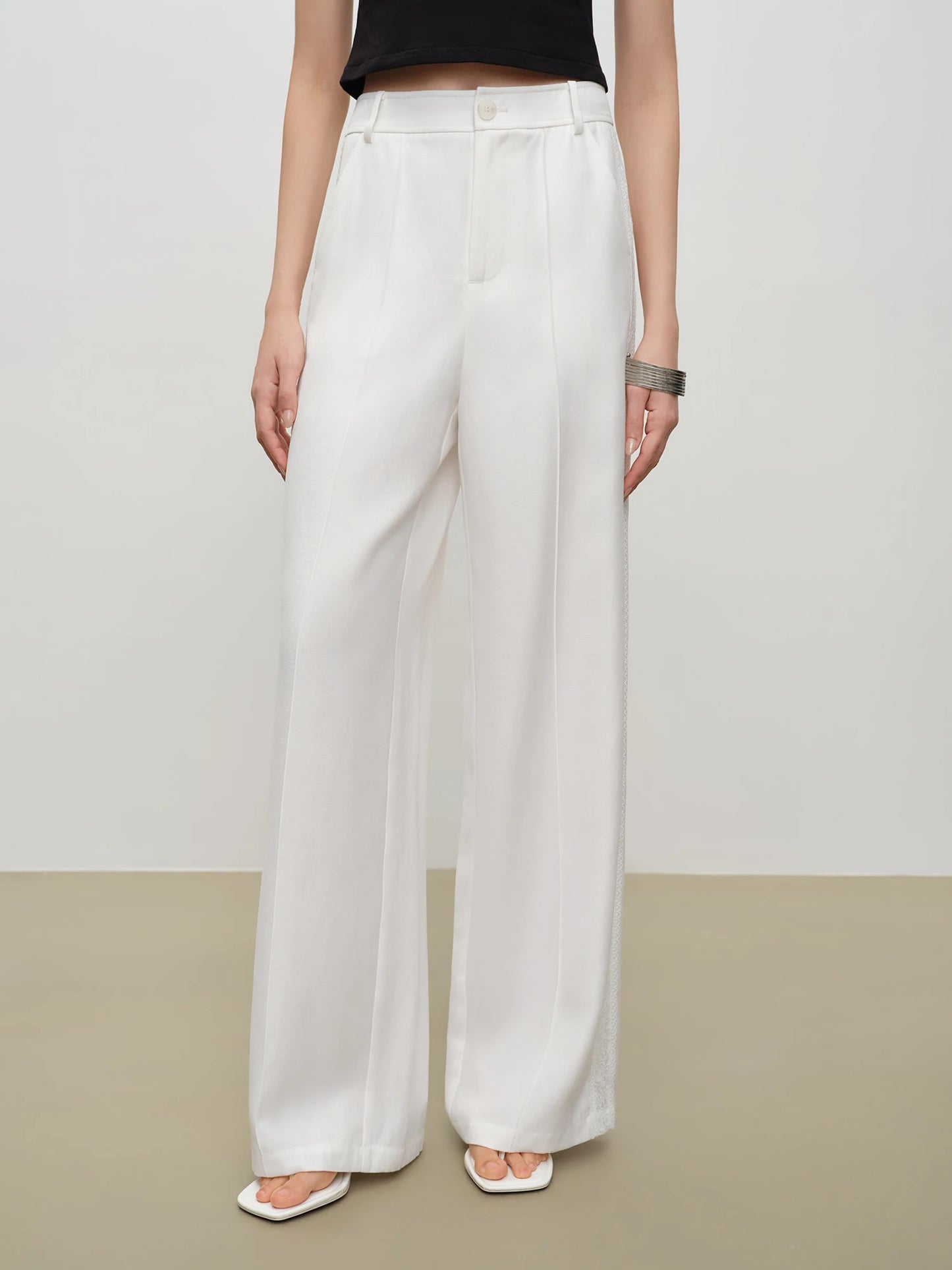 White Lace Trim Wide Leg Pants