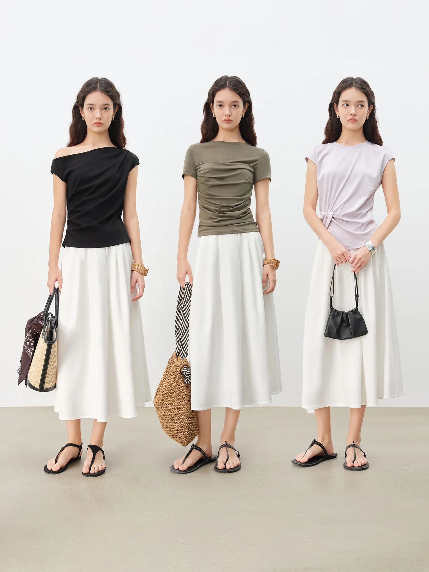 Ivory Pleated A-Line Midi Skirt