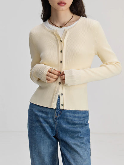 Cream Ribbed Button Knit Cardigan