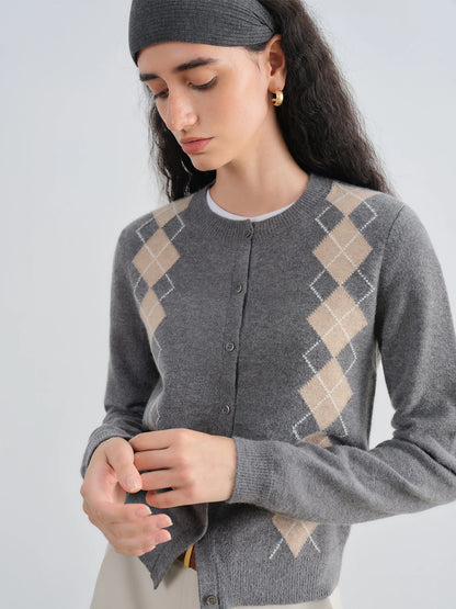 Grey Argyle Button Knit Cardigan